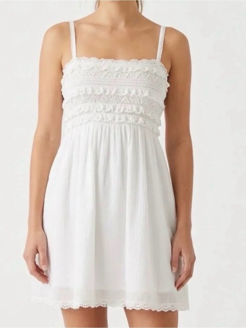 American Eagle Outfitters White Crochet Smocked Mini Dress